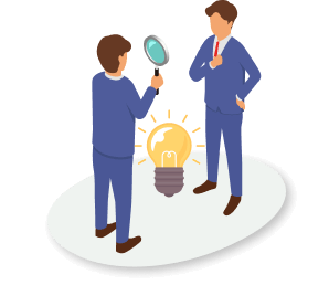 虫眼鏡を持つ人物と腕組みする人物が電球を挟んで立つアイソメトリックイラスト。