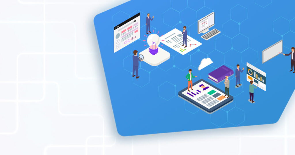 デジタルワークスペースで協働する人々を描いたアイソメトリックイラスト。中央に電球のアイデアシンボルがあり、周囲にタブレット、ドキュメント、パソコンなどのデジタルツールと複数のビジネスパーソンが配置されている。