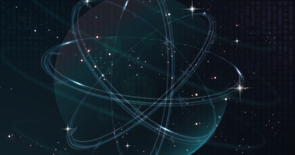 暗い宇宙空間に輝く光の軌跡と星々。青白く発光する曲線が複雑に交差し、ネットワークやデータの流れ、あるいは無限の可能性を象徴的に表現している抽象的なデジタルアート。